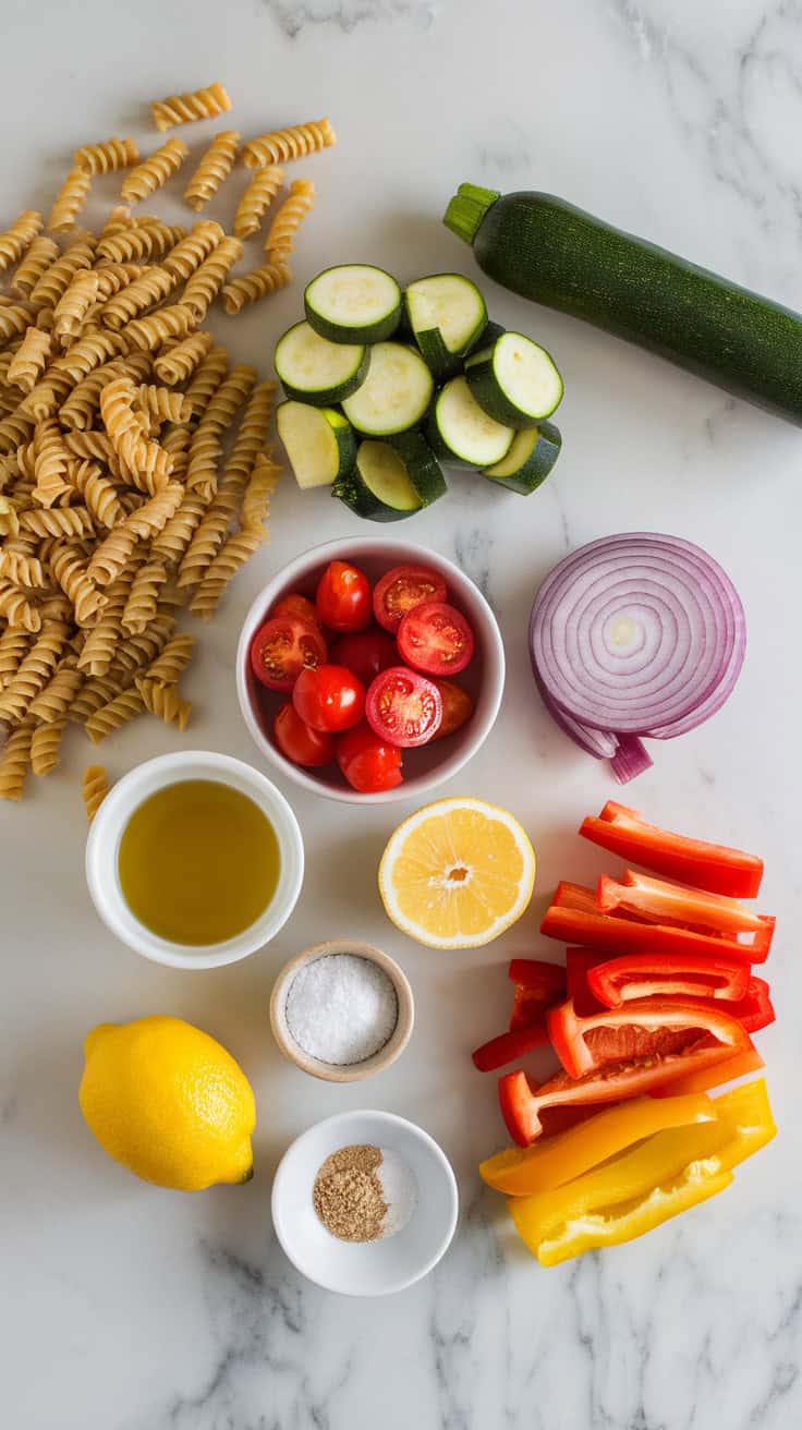A photo of a marble kitchen counter with a variety of ingredients for a roasted veggie pasta salad. There's dry rotini pasta, chopped zucchini, sliced red onion, halved cherry tomatoes, diced red and yellow bell peppers, a small bowl of olive oil, lemon halves, Dijon mustard, and a small dish of garlic powder and salt.