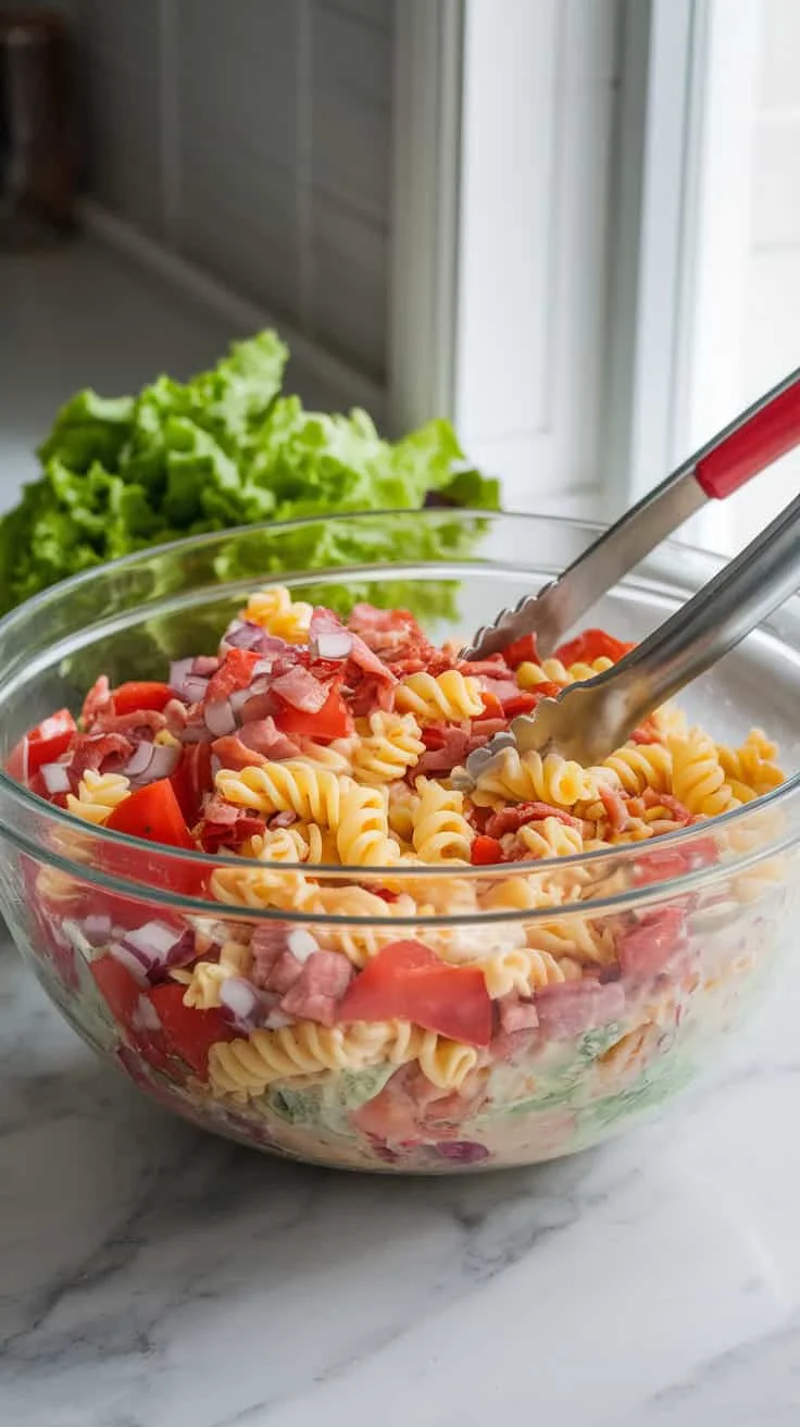 A photo of a large mixing bowl on a marble counter filled with BLT pasta salad. The salad contains pasta, tomatoes, bacon, and onion, all being tossed with a creamy dressing using salad tongs. Fresh lettuce sits beside the bowl, ready to be added. The background is a kitchen with a window.