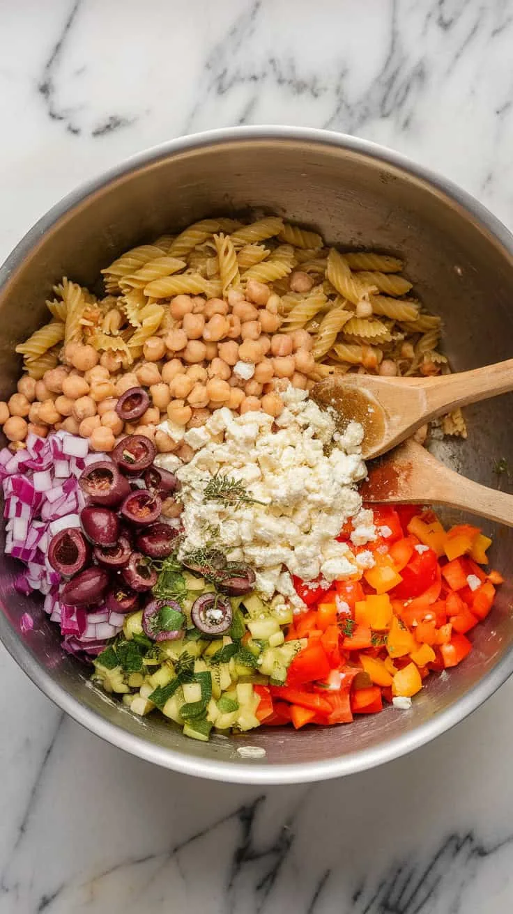 A photo of a large mixing bowl filled with Greek pasta salad ingredients. The bowl is placed on a marble counter. The ingredients include pasta, chickpeas, diced vegetables, crumbled feta, and olives. The salad is being tossed with a lemon-oregano vinaigrette using a pair of wooden spoons.