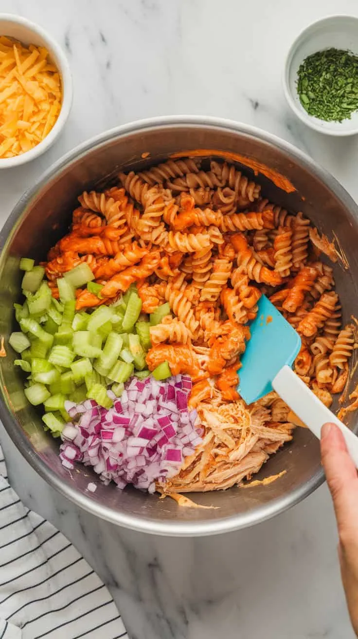 A photo of a large mixing bowl filled with cooked rotini pasta, shredded chicken, chopped celery, and red onion on a marble kitchen counter. The pasta mixture is being tossed with buffalo sauce and ranch dressing. A silicone spatula is being used to mix everything together. There are bowls of cheese and herbs sitting nearby.