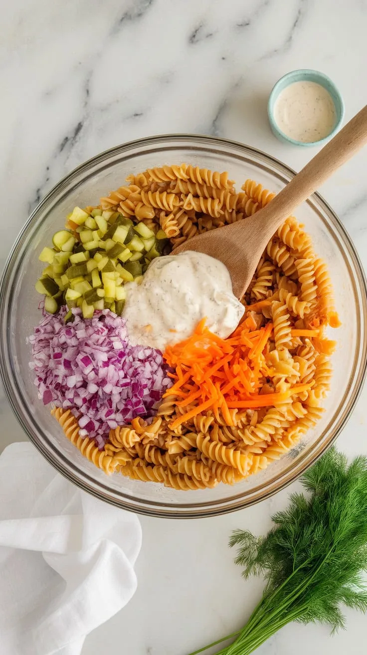 A photo of a large mixing bowl on a marble counter filled with rotini pasta, chopped pickles, red onion, shredded cheddar cheese, and creamy dressing. A wooden spoon is stirring the mixture. A bunch of fresh dill and a small bowl of dressing sit nearby.