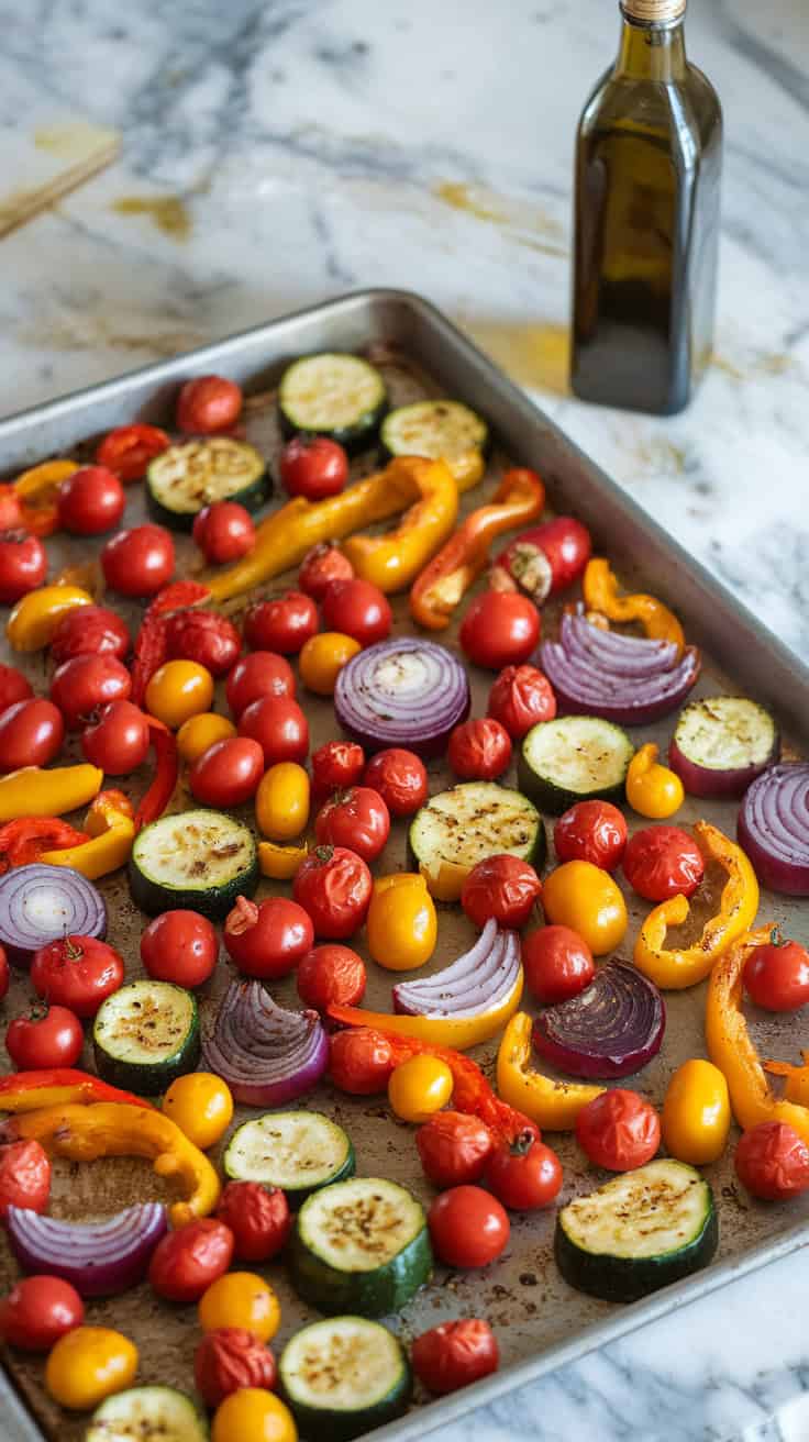 A photo of a sheet pan filled with seasoned zucchini, bell peppers, cherry tomatoes, and red onions roasting in the oven. The vegetables are slightly caramelized with crisp edges and arranged in colorful clusters. The background shows a marble kitchen counter with a bottle of olive oil nearby.