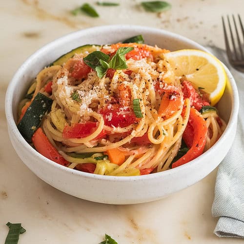 A photo of a white ceramic bowl filled with pasta primavera. The pasta is spaghetti tossed with sautéed vegetables, including bell peppers, zucchini, and carrots. The dish is topped with chopped basil and grated Parmesan cheese. A lemon wedge and cracked black pepper are sprinkled on top. The bowl sits on a marble kitchen counter, which is off-white. There is a fork and a napkin nearby. The background is blurred and contains a few kitchen items, such as a wooden spoon and a bottle of oil.