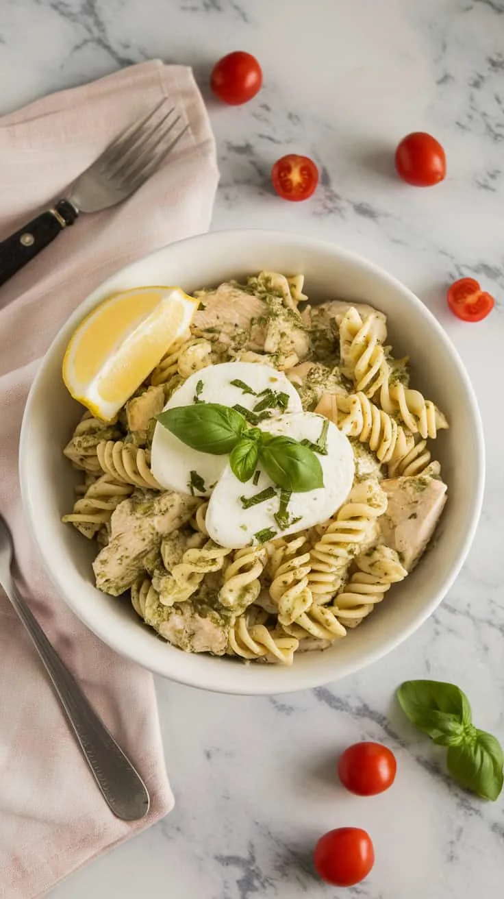 A photo of a white ceramic dish with a serving of pesto chicken pasta salad. The salad is topped with extra mozzarella, chopped basil, and a lemon wedge on the side. Surrounding the plate are a cloth napkin, fork, and scattered cherry tomatoes on a marble kitchen surface.