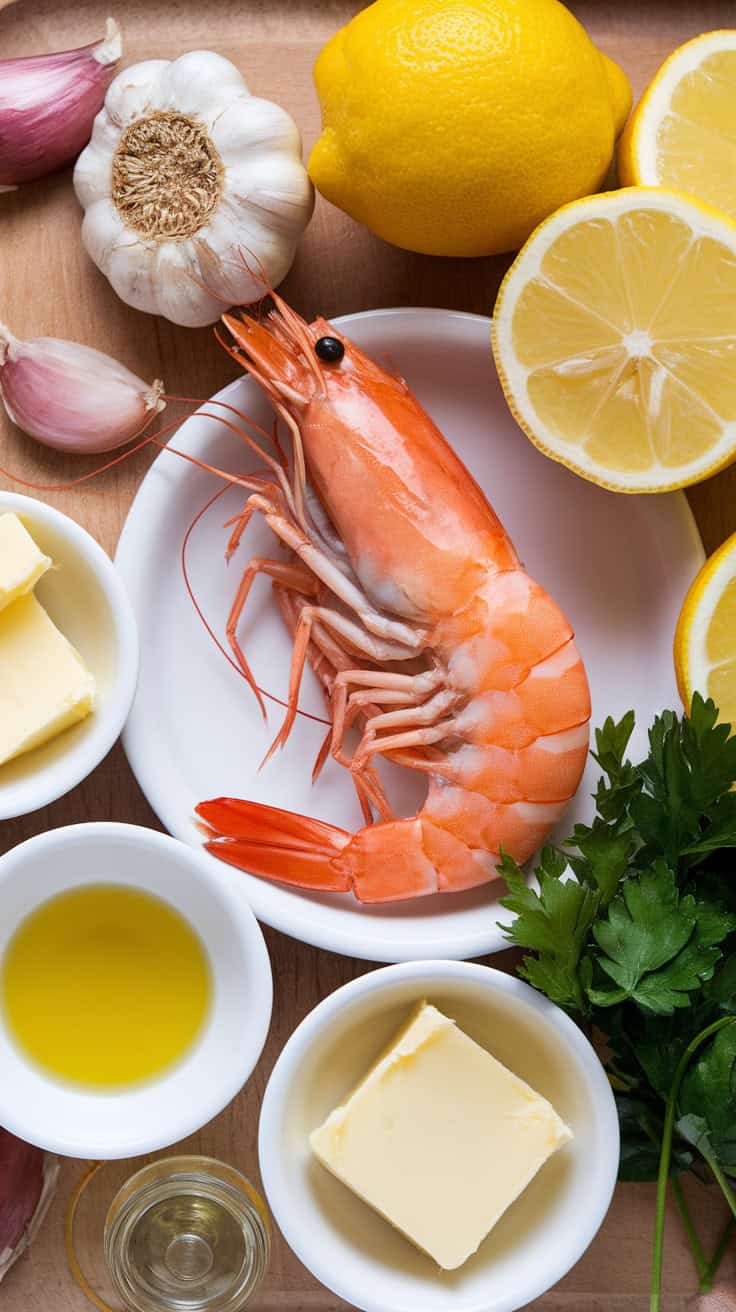 A photo of shrimp scampi ingredients. There is a large shrimp in the middle, surrounded by garlic cloves, lemons, butter, olive oil, parsley, and white wine. The shrimp is on a white plate. The background is a wooden cutting board.