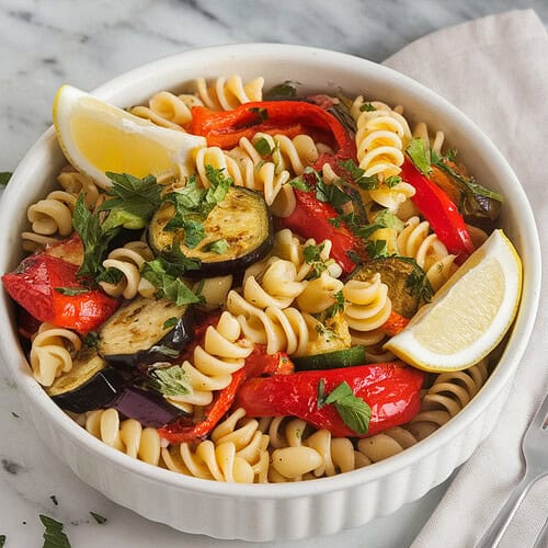 A photo of a white ceramic bowl filled with roasted veggie pasta salad. The salad consists of rotini pasta tossed with colorful roasted vegetables, such as red bell peppers, zucchini, eggplant, and cherry tomatoes. The pasta is seasoned with garlic and olive oil. The salad is garnished with chopped parsley and lemon wedges. The bowl sits on a marble kitchen counter. There's a linen napkin and a fork placed near the bowl. The background contains a few other kitchen items.
