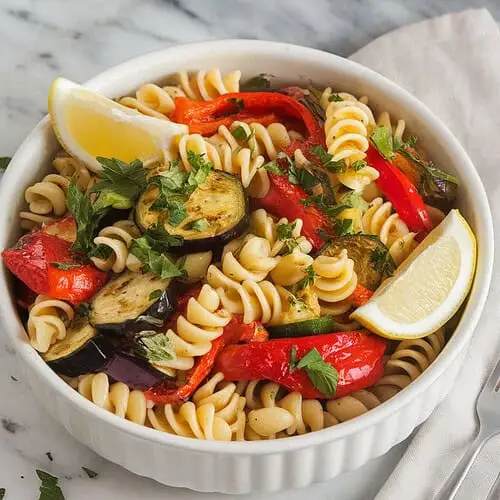 A photo of a white ceramic bowl filled with roasted veggie pasta salad. The salad consists of rotini pasta tossed with colorful roasted vegetables, such as red bell peppers, zucchini, eggplant, and cherry tomatoes. The pasta is seasoned with garlic and olive oil. The salad is garnished with chopped parsley and lemon wedges. The bowl sits on a marble kitchen counter. There's a linen napkin and a fork placed near the bowl. The background contains a few other kitchen items.
