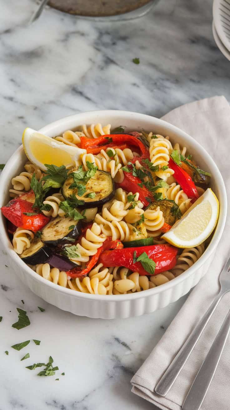A photo of a white ceramic bowl filled with roasted veggie pasta salad. The salad consists of rotini pasta tossed with colorful roasted vegetables, such as red bell peppers, zucchini, eggplant, and cherry tomatoes. The pasta is seasoned with garlic and olive oil. The salad is garnished with chopped parsley and lemon wedges. The bowl sits on a marble kitchen counter. There's a linen napkin and a fork placed near the bowl. The background contains a few other kitchen items.