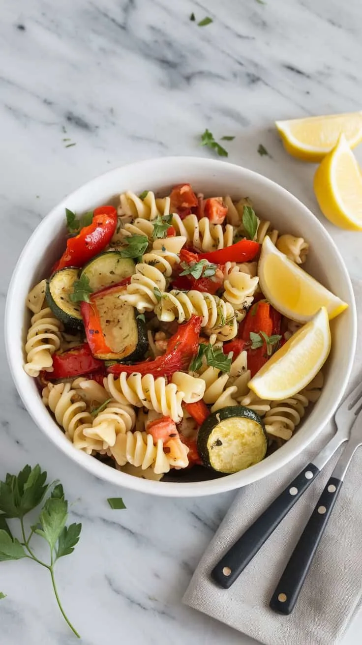 A photo of a white ceramic bowl filled with roasted veggie pasta salad. The salad contains rotini pasta tossed with vibrant roasted vegetables, such as red peppers, zucchini, and cherry tomatoes. The salad is garnished with fresh herbs, chopped parsley, and lemon wedges on the side. The bowl sits on a marble kitchen counter, accompanied by a linen napkin and a fork. The background is clean and simple.