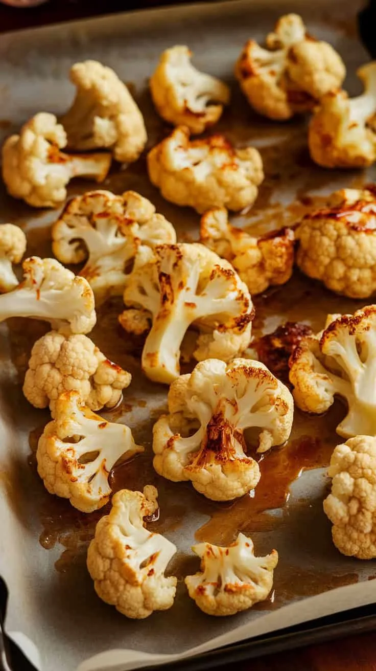 A photo of a parchment-lined baking sheet with cauliflower florets coated in a glossy miso glaze. The florets are spread evenly and are starting to caramelize, turning golden brown at the edges. The warm lighting highlights the rich umami seasoning.