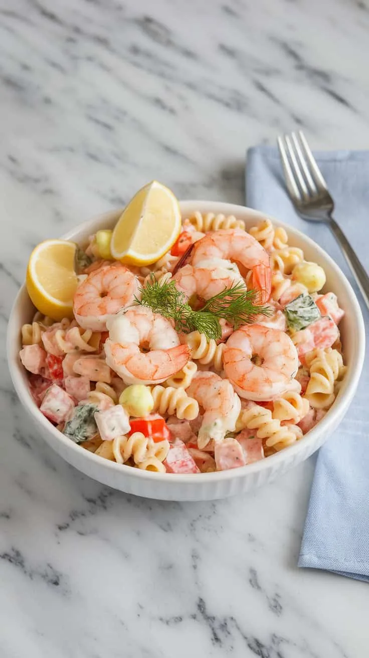 A photo of a white ceramic bowl filled with chilled shrimp pasta salad on a marble kitchen counter. The salad is creamy and vibrant, with visible pieces of shrimp, pasta, and colorful vegetables. It is garnished with fresh dill and lemon wedges. A fork and a napkin are placed beside the bowl. The background is clean and simple.