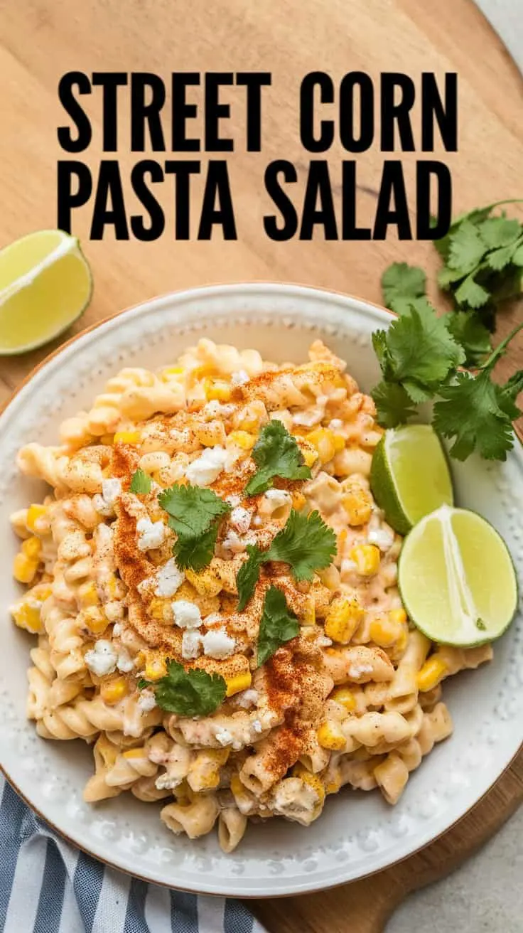 A photo of a white ceramic plate with a serving of street corn pasta salad. The pasta is coated in a creamy dressing and is garnished with crumbled cotija cheese, chopped cilantro, and a sprinkle of chili powder. A few lime wedges and a sprig of cilantro sit on the side of the plate, ready to be used for a fresh finish. The background is a wooden board with the words 