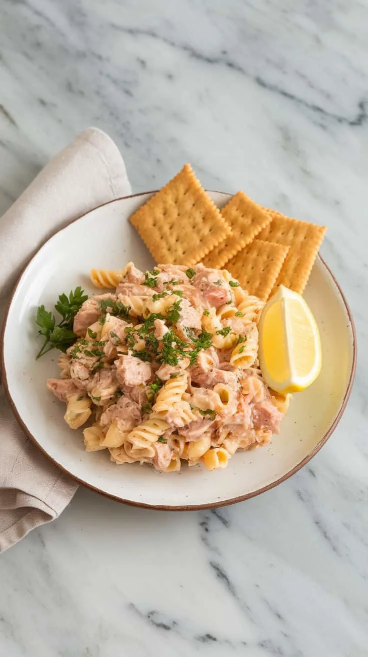 A photo of a white ceramic plate with a serving of tuna pasta salad. The salad is garnished with chopped parsley and a lemon wedge. There are crackers on the side. The plate is placed on a marble kitchen counter. There is a cloth napkin beside the plate. The background is clean and simple.
