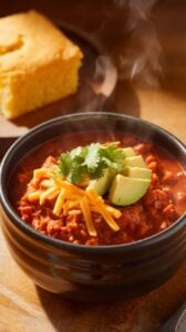 A bowl of hearty turkey chili with black beans, kidney beans, and a thick tomato base, topped with cheddar cheese, avocado, and cilantro. Served with cornbread for a complete meal.