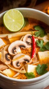 A bowl of vegetarian Tom Yum soup with mushrooms, tofu, lemongrass, Thai chilies, and fresh lime, served in a white ceramic bowl. The deep golden broth is highlighted by warm lighting, giving it a fresh and inviting appearance.
