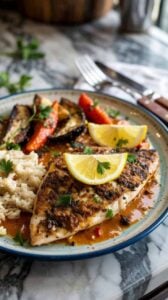 A close-up food photograph of grilled chicken breast on a blue-rimmed ceramic plate. The chicken is seasoned with a dark spice rub and garnished with fresh parsley and lemon wedges. The chicken is served with white rice on the left side and grilled vegetables including red bell peppers and zucchini on the right side. The dish is drizzled with a brown sauce. The plate is positioned on a white marble surface with a blurred fork visible in the background. The lighting is soft and natural, creating subtle shadows that enhance the texture of the food. The composition is shot from a slightly elevated angle with a shallow depth of field, focusing on the main dish while softly blurring the background elements.