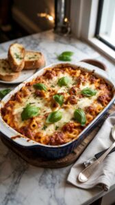 A high-quality food photograph of a freshly baked pasta casserole in a navy blue ceramic baking dish. The dish contains wide pasta noodles in a rich red tomato sauce, topped with melted mozzarella cheese and fresh green basil leaves scattered across the surface. The pasta is garnished with fresh basil leaves and finely chopped parsley. In the background, there is a white plate with two slices of toasted garlic bread with melted cheese. The scene is set on a white marble countertop with subtle gray veining. A white cloth napkin and silver utensils are partially visible on the right side of the frame. The lighting is warm and natural, coming from a window on the right side, creating soft shadows and highlighting the glossy surface of the melted cheese. The composition is shot from a slightly elevated angle, with the baking dish positioned diagonally in the frame.