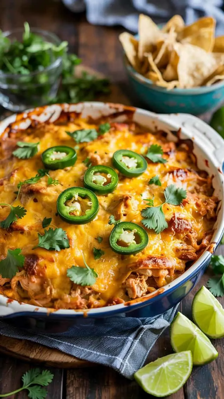 A close-up food photograph of a Mexican-style casserole in a blue ceramic baking dish. The dish is topped with melted golden yellow cheddar cheese and fresh green jalapeño slices arranged in a circular pattern. Fresh cilantro leaves are scattered across the top, with some stems visible. In the background, there is a turquoise-colored bowl containing yellow corn tortilla chips. To the left of the main dish, there is a small glass bowl filled with fresh green cilantro leaves. Lime wedges are placed on the right side of the dish, with their bright green flesh visible. The casserole has a reddish-orange sauce visible beneath the cheese. The dish is photographed on a dark wooden surface with visible wood grain texture. A blue and white striped cloth napkin is partially visible in the frame. The lighting is warm and directional, creating subtle shadows and highlighting the melted cheese's glossy surface.