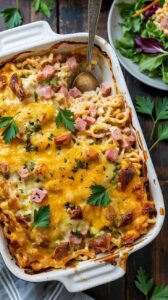 A close-up photograph of a creamy pasta casserole in a white ceramic baking dish. The dish contains wide egg noodles in a rich, golden cheese sauce, topped with chunks of cooked ham and fresh green parsley leaves scattered across the surface. A silver serving spoon rests in the dish. The pasta has a glossy, melted cheese coating that browns slightly in spots. In the background, partially visible, is a white plate with a fresh green salad containing mixed greens and purple cabbage. The scene is set on a dark wooden surface with visible wood grain texture. Fresh parsley sprigs are scattered around the dish as garnish. The lighting is warm and directional, highlighting the cheesy surface of the pasta dish. The composition is shot from a slightly elevated angle, showing the full contents of the baking dish.