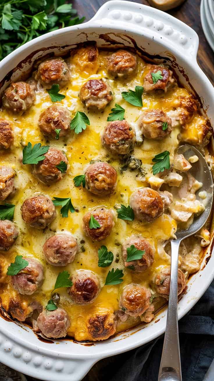 A close-up photograph of a white ceramic baking dish filled with a creamy casserole dish. The dish contains perfectly browned meatballs arranged in a grid pattern, topped with melted cheddar cheese that has a bright yellow color and glossy surface. Fresh green parsley leaves are scattered across the top as garnish. A silver serving spoon is partially visible on the right side of the dish. The casserole has a rich, creamy sauce visible between the meatballs. The baking dish has a decorative bubble pattern around its rim. The background shows a dark blue-gray napkin and fresh parsley sprigs slightly out of focus. The lighting is bright and even, highlighting the golden-brown crust of the meatballs and the melted cheese.