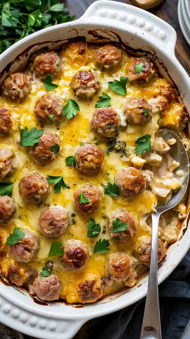 A close-up photograph of a white ceramic baking dish filled with a creamy casserole dish. The dish contains perfectly browned meatballs arranged in a grid pattern, topped with melted cheddar cheese that has a bright yellow color and glossy surface. Fresh green parsley leaves are scattered across the top as garnish. A silver serving spoon is partially visible on the right side of the dish. The casserole has a rich, creamy sauce visible between the meatballs. The baking dish has a decorative bubble pattern around its rim. The background shows a dark blue-gray napkin and fresh parsley sprigs slightly out of focus. The lighting is bright and even, highlighting the golden-brown crust of the meatballs and the melted cheese.