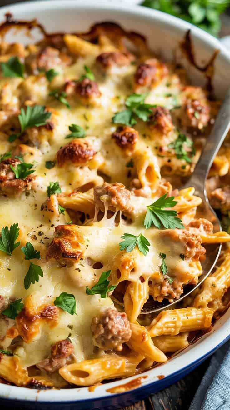 A close-up photograph of a cheesy pasta bake in a white ceramic baking dish. The dish contains penne pasta mixed with meatballs, covered in melted golden-brown cheese that stretches between the pasta. Fresh bright green parsley leaves are sprinkled across the top as garnish. A silver serving spoon is partially visible on the right side of the dish, lifting some of the pasta. The pasta bake has a rich, creamy orange-colored sauce coating each piece of penne. The dish is photographed from above at a slight angle, showing the texture of the melted cheese and the individual pasta pieces. The baking dish is placed on a dark wooden surface, and there's a blue-gray cloth visible at the bottom edge of the frame. The lighting is bright and even, highlighting the glossy sheen of the cheese and creating appetizing shadows in the pasta sauce.