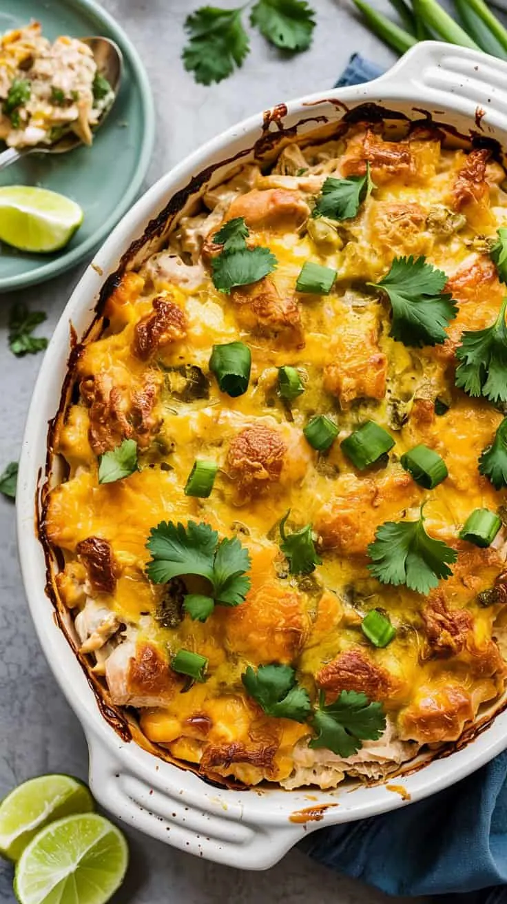 A top-down view of a Mexican-style chicken casserole in a white ceramic oval baking dish. The casserole has a golden-brown melted cheese topping with crispy edges and is garnished with fresh green cilantro leaves scattered across the surface. The dish contains chunks of chicken, corn, and other ingredients beneath the cheese layer. In the background, there is a small green plate with lime wedges and a spoon, partially visible at the top left corner. Fresh green cilantro sprigs are scattered around the dish, and a blue cloth napkin is visible at the bottom right. Lime wedges are placed on the gray textured surface around the baking dish. The lighting is bright and even, highlighting the melted cheese's golden sheen and creating subtle shadows beneath the baking dish.