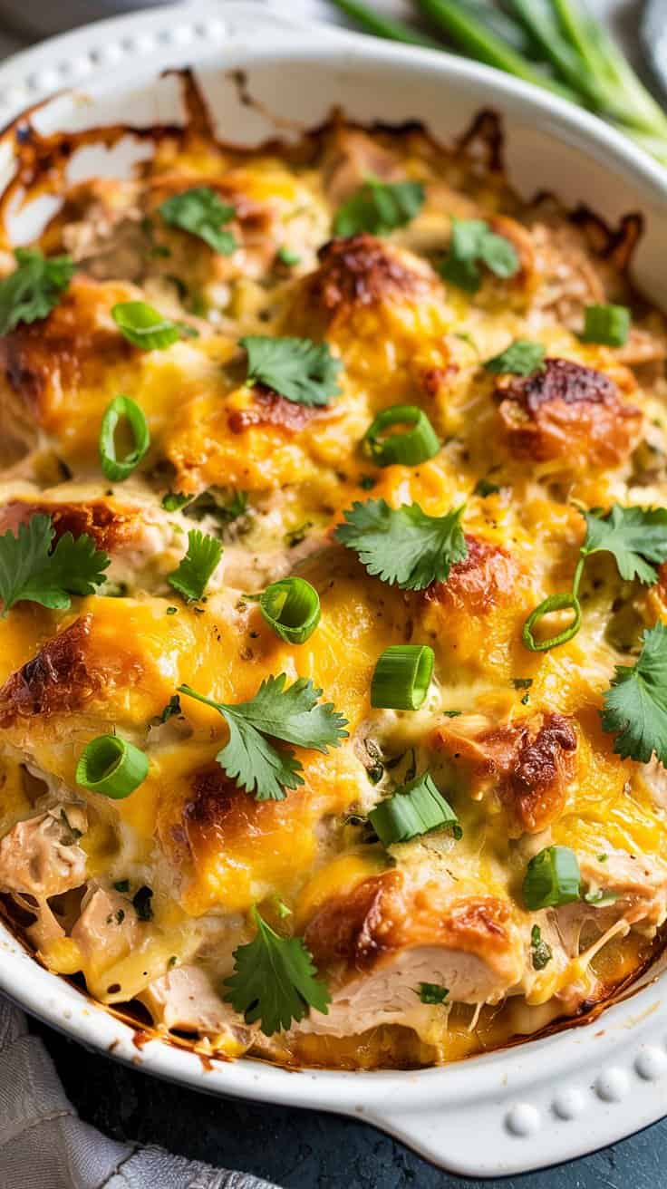 A close-up photograph of a creamy chicken casserole in a white ceramic baking dish with decorative raised dots along the rim. The casserole has a golden-brown melted cheese topping with crispy, caramelized edges. Fresh cilantro leaves and sliced green onions are scattered across the surface, providing bright green accents against the melted cheese. The casserole has a creamy white sauce base visible beneath the cheese layer. The dish is photographed from above at a slight angle, showing the full contents of the casserole. The background is dark gray, and the dish is positioned on a light-colored cloth napkin. The cheese has a rich, stretchy texture and creates a uniform golden-yellow crust across the top of the dish. The green herbs are fresh and vibrant, with stems visible among the leaves.