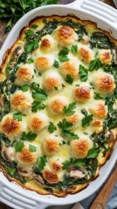 A top-down view of a gourmet baked dish in a white ceramic oval baking dish. The dish features a golden-brown melted cheese topping with perfectly browned "bubbles" arranged in a uniform pattern across the surface. The bubbles are garnished with fresh bright green parsley leaves scattered throughout. The base of the dish contains wilted dark green spinach leaves and sliced brown mushrooms. The spinach is cooked and wilted, creating a bed for the mushrooms. The dish has a slight golden-brown crust along the edges of the baking dish. The baking dish is positioned on a dark wooden surface, with fresh parsley sprigs visible at the top edge of the frame. The lighting is bright and even, highlighting the glossy, melted cheese surface and creating subtle shadows beneath the dish.