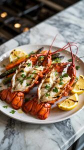 A high-quality food photograph of two grilled lobster tails on a white ceramic plate, positioned on a white marble surface. The lobster tails are perfectly cooked with vibrant red-orange coloring and char marks from grilling. Fresh chopped parsley garnishes are scattered across the white meat of the lobster tails. Grilled vegetables, including asparagus and carrots, are visible in the background. Fresh grilled lemon wedges with char marks are placed around the plate. The lighting is soft and professional, creating subtle shadows and highlighting the glossy surface of the lobster meat. The marble surface shows natural gray and white veining patterns. The image is shot from a slightly elevated angle, with the plate positioned in the center of the frame. The background is softly blurred, creating depth of field.