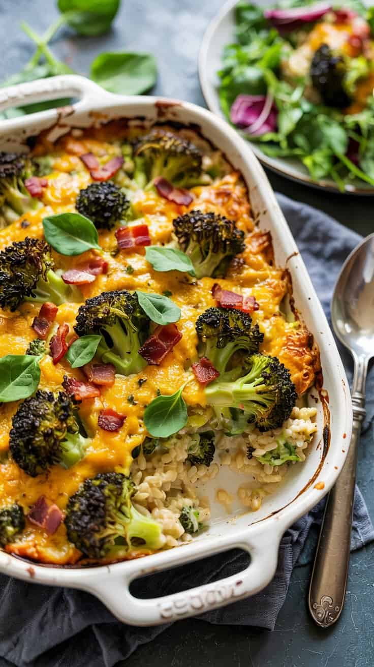A close-up photograph of a creamy rice casserole in a white ceramic baking dish with handles. The dish contains bright green roasted broccoli florets, crumbled bacon bits, and melted yellow cheddar cheese on top. Fresh green basil leaves are scattered across the surface. The casserole has a golden-brown cheese crust and is garnished with additional fresh basil leaves. A portion has been served, revealing a creamy white rice base underneath the toppings. The baking dish is placed on a dark gray textured surface with a gray cloth napkin underneath. A silver spoon rests on the right side of the frame. In the background, there is a partial view of another plate with a green salad. The image has a shallow depth of field, with the front of the dish in sharp focus while the background is slightly blurred.