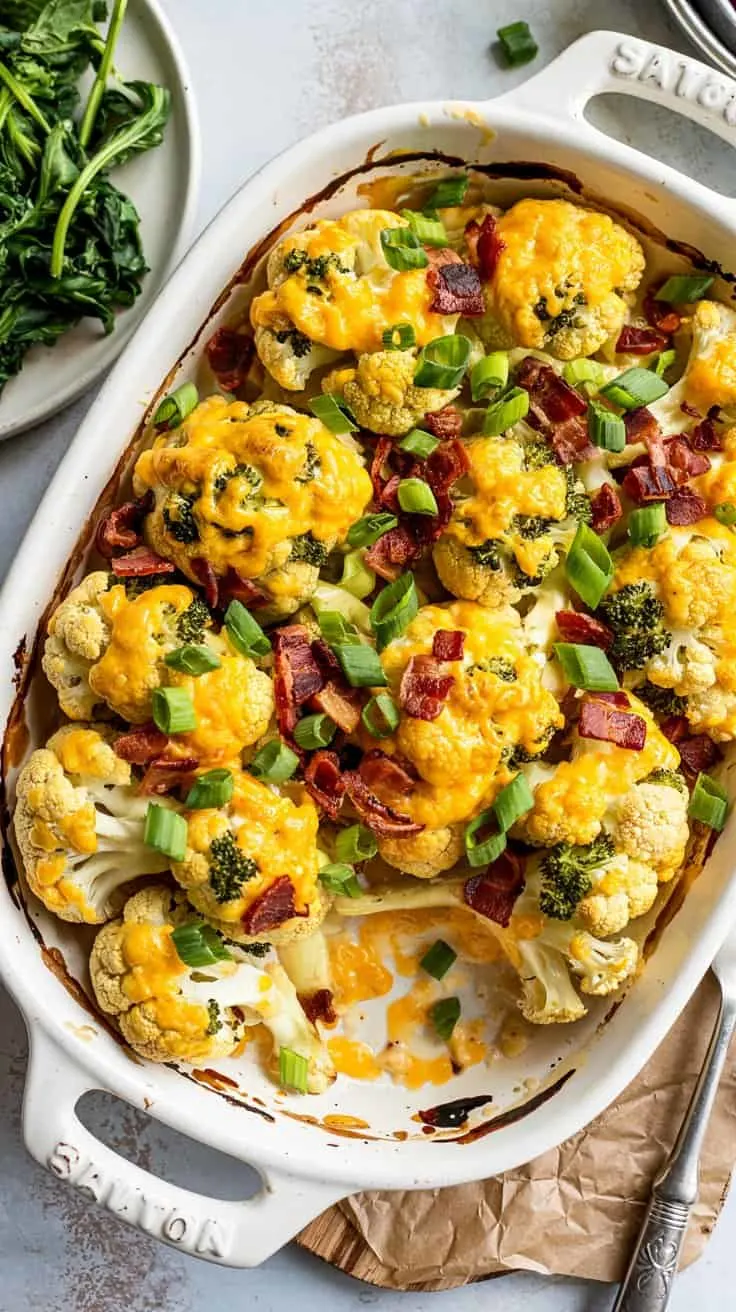 A high-quality food photograph of a white ceramic baking dish filled with cheesy roasted cauliflower and broccoli casserole. The dish contains multiple pieces of golden-brown roasted cauliflower florets topped with melted cheddar cheese and bright green chopped scallions. Red bacon pieces are scattered throughout the dish. The cauliflower has a crispy, caramelized exterior with a rich yellow-orange cheese sauce coating each piece. A portion of the dish is missing, revealing the creamy sauce underneath. In the background, there is a small white plate with fresh dark green spinach leaves. The baking dish is placed on a light brown kraft paper, and there is a silver fork partially visible at the bottom edge of the frame. The image has a light, airy feel with a soft gray background, creating a professional food photography aesthetic.