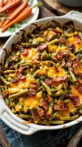 A close-up photograph of a creamy green bean casserole in a white ceramic baking dish. The casserole is topped with melted cheddar cheese and crispy bacon bits scattered across the surface. The green beans are cooked and cut into shorter pieces, mixed with a creamy sauce base. In the background, there is a white plate with fresh orange carrots garnished with green herbs. The dish is photographed on a dark wooden surface with a blue-gray cloth napkin visible in the bottom right corner. The lighting is warm and directional, creating highlights on the melted cheese and glossy surface of the green beans. The composition is shot from a slightly elevated angle, showing the full contents of the casserole dish.