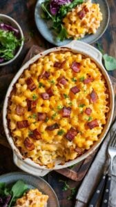 A high-quality food photograph of a creamy mac and cheese casserole in a white ceramic oval baking dish. The dish is garnished with crispy bacon pieces and fresh chopped parsley scattered on top. The mac and cheese has a rich, golden-yellow cheese sauce coating each elbow macaroni piece. In the background, there are two gray ceramic plates with portions of the mac and cheese, garnished with fresh green arugula and purple cabbage leaves. A small white bowl of fresh green arugula sits in the upper left corner. The entire scene is set on a dark wooden surface with visible wood grain texture. A silver fork with a black handle is placed on the right side of the frame. The lighting is warm and directional, creating subtle shadows and highlighting the glossy cheese sauce. The composition is shot from a slightly elevated angle, capturing the full width of the baking dish.