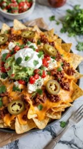 A close-up photograph of loaded nachos on a dark gray plate against a white marble surface. The nachos are made with golden tortilla chips topped with melted orange cheddar cheese, crumbled ground beef, sliced green jalapeños, diced red tomatoes, and a dollop of bright green guacamole. A swirl of white sour cream sits atop the guacamole. Fresh green cilantro leaves are scattered across the dish and on the marble surface. A silver fork is partially visible on the right side of the frame. In the background, slightly out of focus, there is a small white bowl containing additional fresh salsa. The lighting is bright and natural, highlighting the textures and colors of each ingredient. The composition is shot from a slightly elevated angle, capturing the layered elements of the dish in sharp detail.