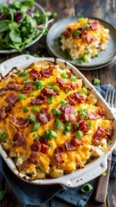 A close-up food photograph of a loaded potato casserole in a white ceramic baking dish. The dish is topped with melted cheddar cheese, crispy bacon strips, and fresh chopped green scallions. The melted cheese has a bright orange-yellow color and creates a bubbly, stretchy surface. The bacon pieces are dark brown and crispy, scattered across the top. In the background, there is a small gray plate with a portion of the casserole, and a fresh green salad with mixed greens and purple cabbage in a white bowl. The entire scene is set on a dark wooden table with a navy blue cloth napkin visible in the frame. The lighting is warm and directional, creating subtle shadows and highlighting the glossy surface of the melted cheese. The composition is shot from a slightly elevated angle, with the baking dish positioned in the center of the frame.