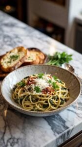 A high-quality food photograph of spaghetti carbonara served in a speckled gray ceramic bowl on a white marble countertop. The pasta is garnished with finely shredded Parmesan cheese, fresh green parsley, and crispy sun-dried tomatoes. In the background, there are two slices of toasted bread with melted cheese and herbs. A fresh bunch of green parsley sits on the marble surface to the right of the bowl. The image has a shallow depth of field with the pasta in sharp focus while the background elements are slightly blurred. The lighting is soft and natural, creating subtle shadows on the marble surface. The composition is shot from a slightly elevated angle, with the bowl positioned in the center-left of the frame. The marble countertop has distinctive gray and white veining patterns that add texture to the image.