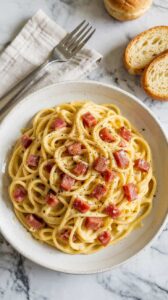 A high-quality food photograph of spaghetti carbonara served in a white ceramic bowl on a marble countertop. The pasta is perfectly cooked with a creamy white sauce, studded with small cubes of red cured Italian guanciale. The spaghetti is garnished with freshly ground black pepper and twisted in a spiral pattern. A silver fork rests on a light beige linen napkin to the left of the bowl. In the background, there are two slices of crusty French bread with golden-brown crusts, and a partial view of a bread roll. The marble countertop has distinctive gray and white veining patterns. The lighting is bright and natural, creating subtle shadows and highlighting the glossy texture of the pasta sauce. The composition is shot from a top-down angle with the bowl positioned slightly off-center.