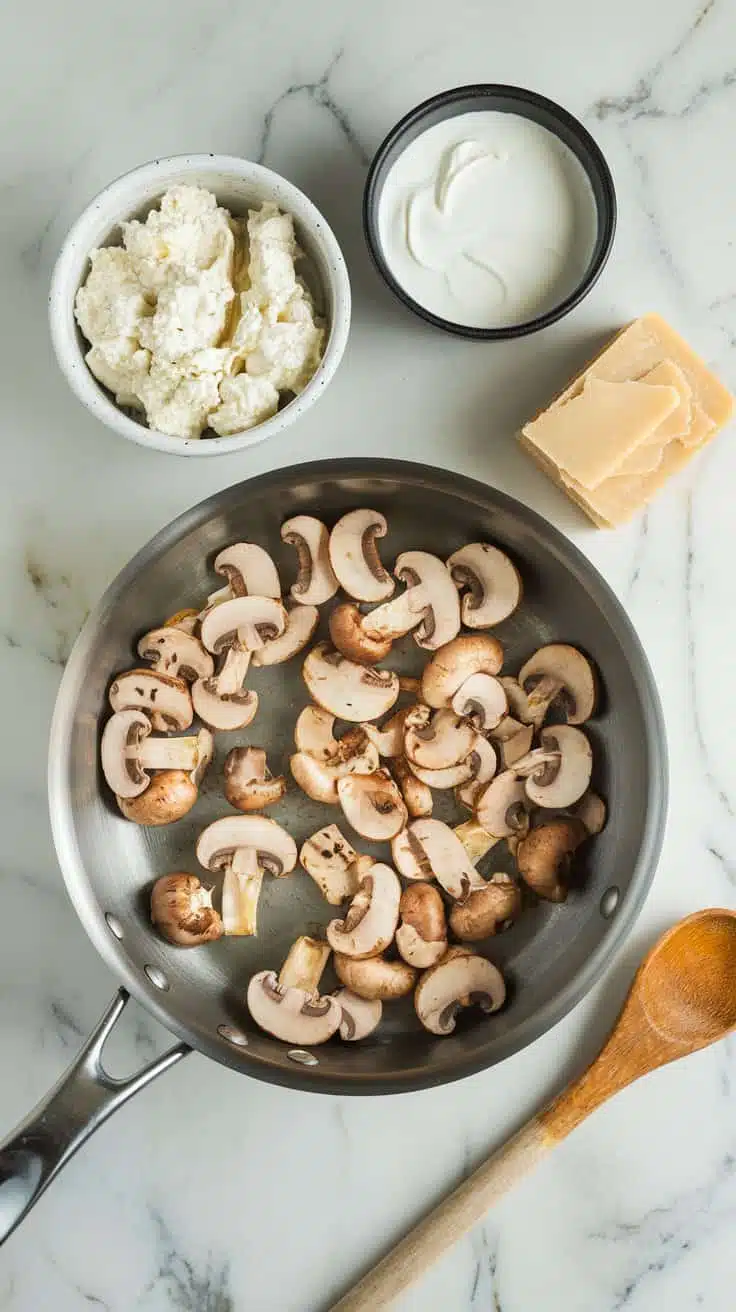 A kitchen setting with various ingredients and tools. On a marble countertop, there's a skillet containing sliced mushrooms. Adjacent to the skillet, there's a bowl filled with crumbled cheese and another bowl containing a creamy white substance, possibly sour cream or yogurt. To the right, there's a block of cheese and a wooden spoon. The entire setup is on a white and gray marble surface, giving it a clean and elegant look.