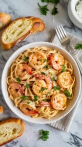 A high-quality food photograph of shrimp pasta in a white ceramic bowl on a white marble surface. The dish contains large pink shrimp cooked in a creamy sauce, served over linguine pasta. Fresh green parsley garnishes are scattered throughout the dish. Two slices of crusty French bread with golden-brown crusts are placed on the left side of the bowl. A silver fork rests on a beige linen napkin on the right side. A small white bowl containing parmesan cheese is partially visible in the top right corner. The pasta has a glossy, creamy sauce that coats each strand. The lighting is bright and even, creating subtle shadows that add depth to the composition. The marble surface has subtle gray veining patterns. The image is shot from directly above in a top-down perspective.