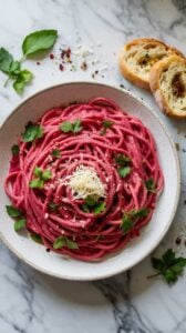 A high-quality food photograph of beet pasta on a white ceramic plate with speckled gray edges, positioned on a white marble surface. The pasta is bright pink-red in color, made with fresh beetroot, and arranged in a spiral pattern. The pasta is garnished with fresh green parsley leaves scattered throughout and a small pile of grated white Parmesan cheese in the center. Fresh green basil leaves are placed on the left side of the plate, and a torn piece of crusty French bread is positioned on the right side. Small red chili flakes and black pepper are scattered around the plate. The marble surface shows subtle gray veining patterns. The lighting is bright and even, creating soft shadows beneath the plate. The composition is shot from directly above, capturing the full circular arrangement of the pasta.