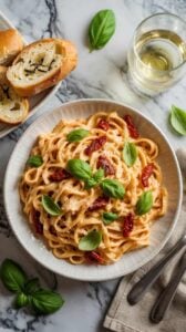 A high-quality food photography shot of creamy pasta on a white ceramic plate against a marble countertop background. The pasta is fettuccine with a light orange-colored creamy sauce, garnished with fresh bright green basil leaves and dried red sun-dried tomatoes. A sliced baguette with visible seeds is partially visible in the top left corner. A glass of white wine sits in the top right corner. Fresh basil leaves are scattered around the plate on the marble surface. A beige linen napkin and silver fork are placed on the right side of the plate. The pasta is perfectly coated in the sauce and has a glossy sheen. The marble countertop has subtle gray veining patterns. The lighting is bright and natural, creating soft shadows and highlighting the textures of the food. The composition is shot from a top-down angle with the plate positioned slightly off-center.