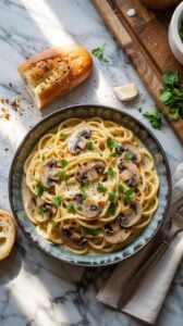 A high-quality food photograph of spaghetti carbonara with mushrooms on a gray ceramic plate against a white marble countertop. The pasta is garnished with sliced brown mushrooms, freshly chopped parsley, and black pepper. A sliced baguette with visible seeds sits to the left of the plate, with one piece torn off. A wooden cutting board is partially visible in the top right corner, along with fresh parsley leaves scattered around. A silver fork rests on a beige linen napkin to the right of the plate. The lighting is bright and natural, creating subtle shadows and highlighting the creamy white sauce coating the spaghetti. The composition is shot from above at a slight angle, with the plate positioned in the center of the frame. The marble countertop shows subtle gray veining patterns throughout.