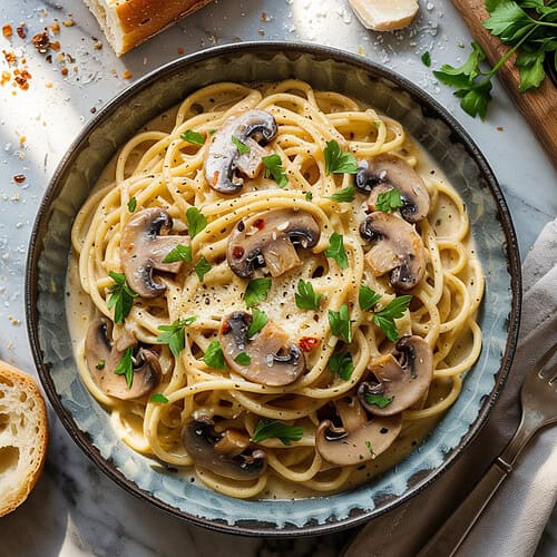 A high-quality food photograph of spaghetti carbonara with mushrooms on a gray ceramic plate against a white marble countertop. The pasta is garnished with sliced brown mushrooms, freshly chopped parsley, and black pepper. A sliced baguette with visible seeds sits to the left of the plate, with one piece torn off. A wooden cutting board is partially visible in the top right corner, along with fresh parsley leaves scattered around. A silver fork rests on a beige linen napkin to the right of the plate. The lighting is bright and natural, creating subtle shadows and highlighting the creamy white sauce coating the spaghetti. The composition is shot from above at a slight angle, with the plate positioned in the center of the frame. The marble countertop shows subtle gray veining patterns throughout.