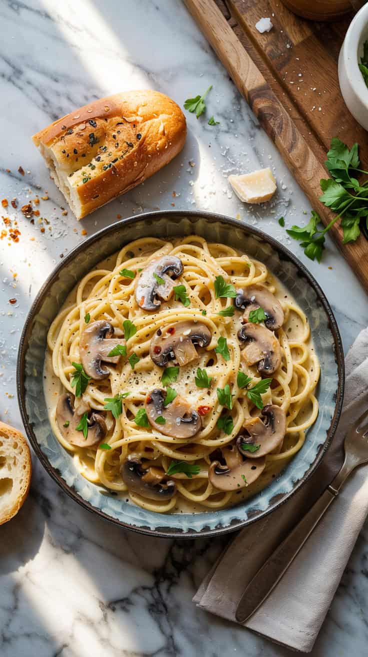 A high-quality food photograph of spaghetti carbonara with mushrooms on a gray ceramic plate against a white marble countertop. The pasta is garnished with sliced brown mushrooms, freshly chopped parsley, and black pepper. A sliced baguette with visible seeds sits to the left of the plate, with one piece torn off. A wooden cutting board is partially visible in the top right corner, along with fresh parsley leaves scattered around. A silver fork rests on a beige linen napkin to the right of the plate. The lighting is bright and natural, creating subtle shadows and highlighting the creamy white sauce coating the spaghetti. The composition is shot from above at a slight angle, with the plate positioned in the center of the frame. The marble countertop shows subtle gray veining patterns throughout.