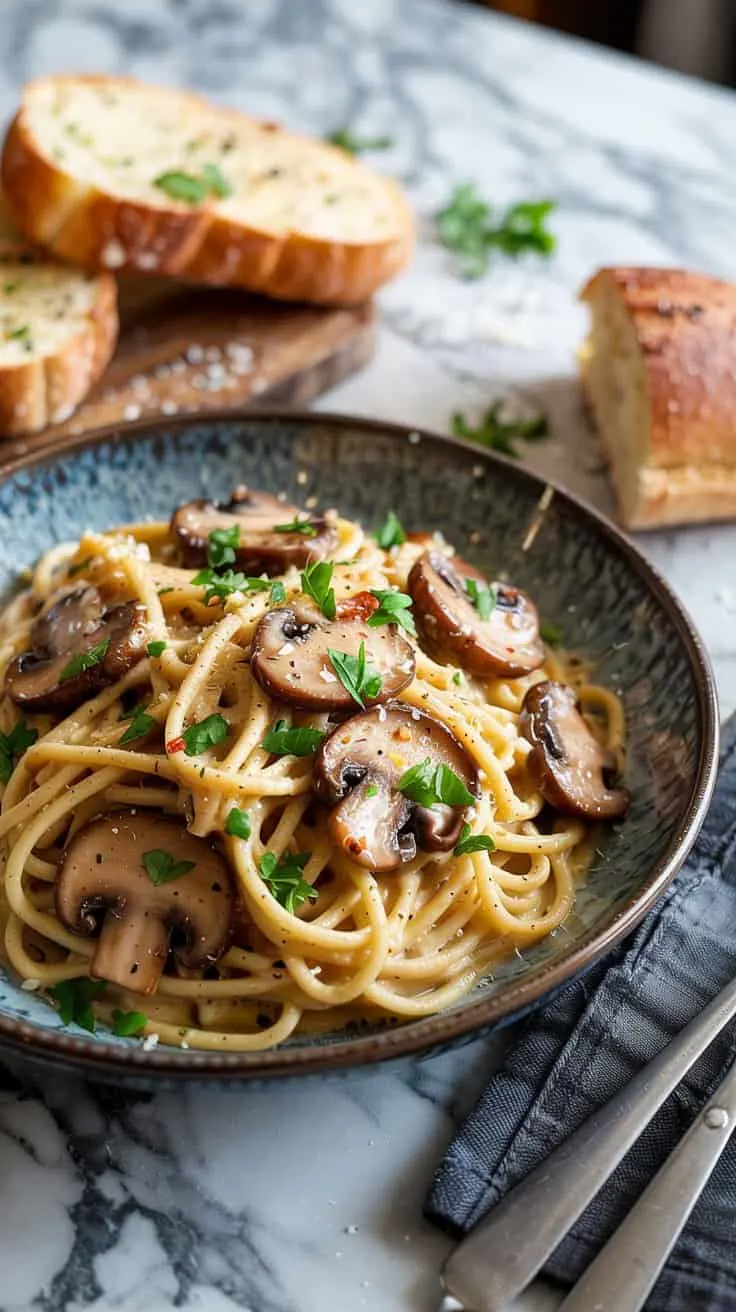A close-up food photograph of spaghetti pasta with sliced mushrooms and fresh parsley on a dark gray textured plate. The pasta is garnished with brown sautéed mushrooms, finely chopped green parsley, and black pepper. In the background, there are slices of toasted bread on a wooden cutting board, partially out of frame. The scene is set on a white marble surface with subtle gray veining. A dark gray cloth napkin and silver fork are visible in the bottom right corner of the frame. The lighting is soft and natural, creating subtle shadows that enhance the texture of the pasta and bread. The composition is shot from a slightly elevated angle, with the plate positioned in the center of the frame. The overall color palette consists of warm browns, creamy whites, and fresh greens, with the dark gray plate providing contrast.