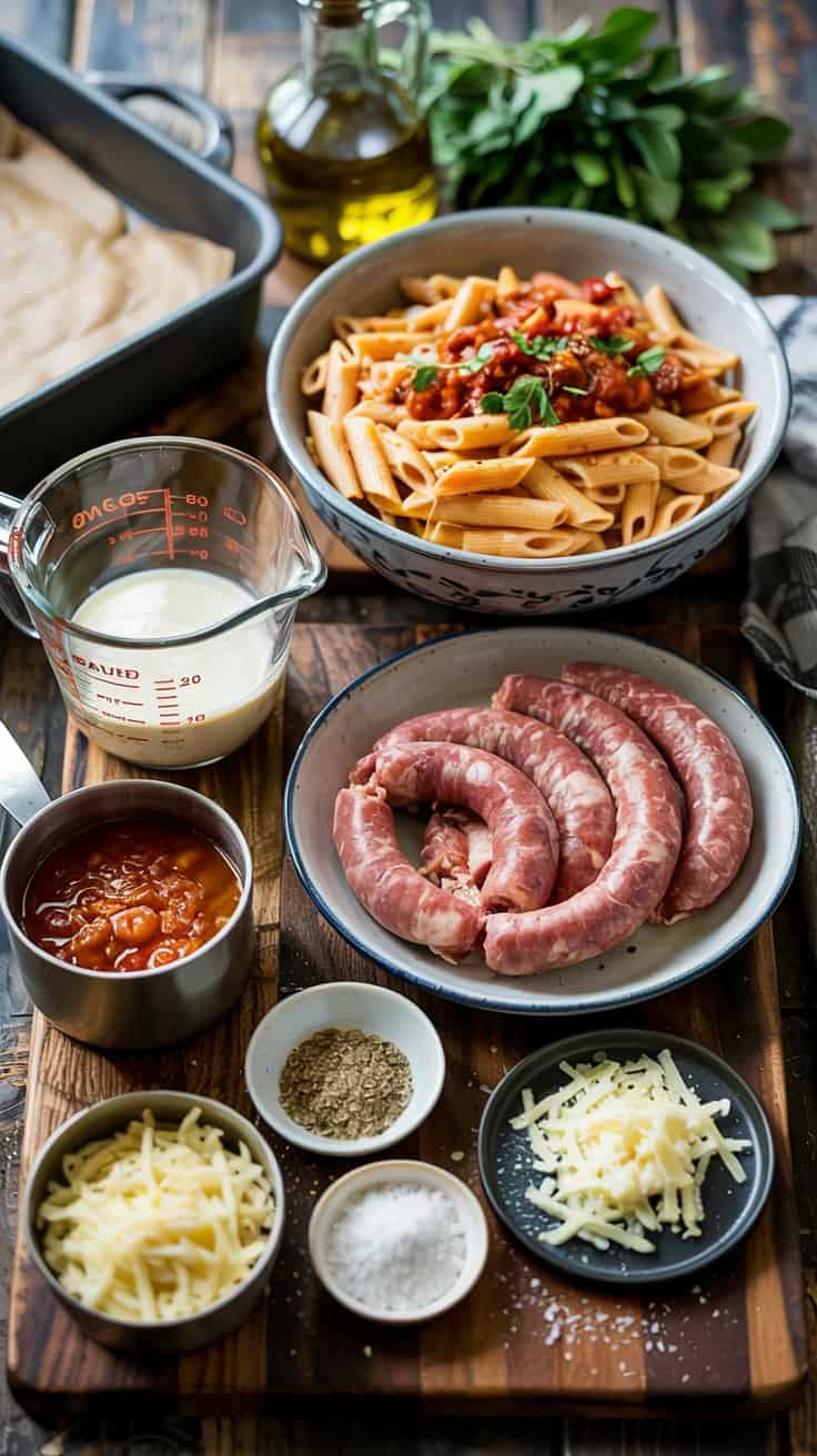 A high-quality food photography composition of ingredients laid out on a rustic wooden cutting board. In the center, there is a white ceramic bowl containing penne pasta with red tomato sauce and fresh green basil leaves. To the left, there is a clear measuring cup containing white cream. Next to it is a small bowl of red marinara sauce. On the right side is a white ceramic plate with uncooked Italian sausage links. Small black ceramic bowls contain grated yellow cheese, white shredded cheese, and black pepper. A glass bottle of olive oil sits in the upper left corner, partially out of frame. Fresh green basil leaves are scattered in the upper portion of the image. The wooden cutting board has visible grain patterns and a dark brown color. The lighting is warm and directional, creating subtle shadows that add depth to the composition. The image has a professional food styling aesthetic with careful attention to the arrangement of ingredients and their textures.