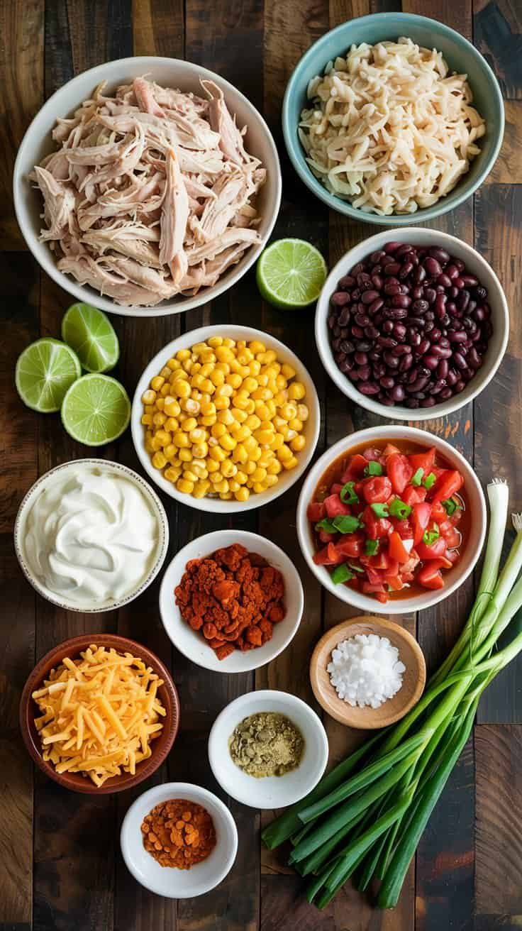A top-down view of Mexican burrito ingredients arranged on a dark wooden plank background. The ingredients are arranged in white and mint-colored ceramic bowls, with a wooden bowl containing shredded cheddar cheese. The ingredients include shredded chicken in a white bowl, coleslaw in a mint bowl, black beans in a white bowl, corn kernels in a white bowl, diced tomatoes in a white bowl, sour cream in a white bowl, seasonings in small white bowls, sliced limes, green onions, and salt. The wooden planks show natural grain patterns and knots. The ingredients are arranged in a casual, scattered pattern with some items partially overlapping others. The lighting is bright and even, highlighting the textures and colors of each ingredient. The composition fills the entire frame and is shot from directly above.