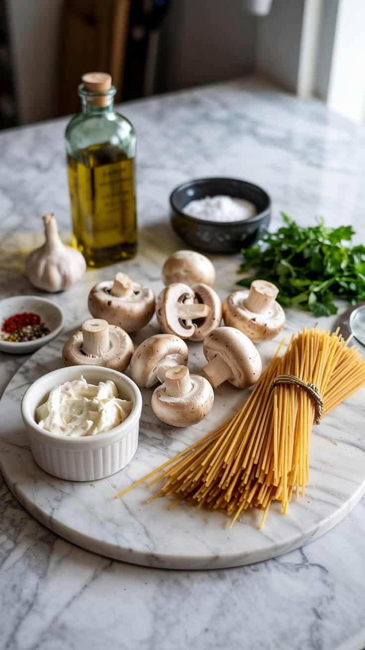 A high-quality food photography composition on a white marble surface. In the center, there are several brown button mushrooms arranged in a circular pattern. To the left, there is a small white ceramic bowl containing white cream cheese. A head of garlic with papery brown skin sits to the left of the mushrooms. A glass bottle of golden olive oil with a cork stopper stands in the background. A small black bowl containing salt is positioned behind the mushrooms. Fresh bright green parsley leaves are arranged on the right side of the frame. A bundle of uncooked spaghetti pasta tied with a thin brown string is placed on the right side. The lighting is soft and natural, creating subtle shadows on the marble surface. The image has a shallow depth of field with the foreground elements in sharp focus while the background is slightly blurred.