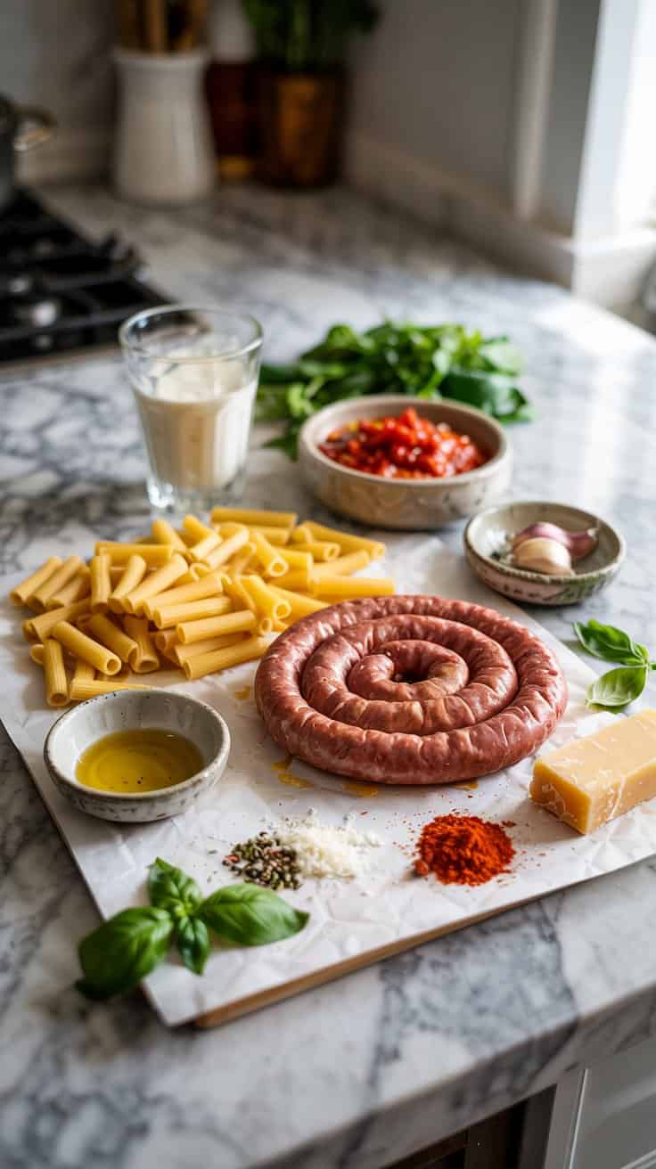 A kitchen countertop with various ingredients and food items. On the left, there's a glass of white liquid, possibly milk or cream. In the center, a spiral sausage is prominently displayed, accompanied by a block of cheese, a bowl of diced tomatoes, and a small bowl of oil. To the right, there's a bunch of fresh basil leaves. In the foreground, there's a piece of parchment paper with pasta (possibly penne) and a few spices scattered around, including pepper, salt, and possibly some herbs. The countertop has a marble texture, and in the background, there's a stove with a pot on it.